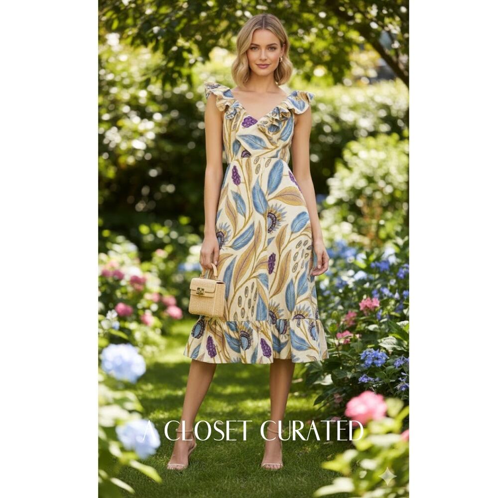 SIKA Ruffle Floral Cotton Midi Dress Yellow Blue 6 NEW